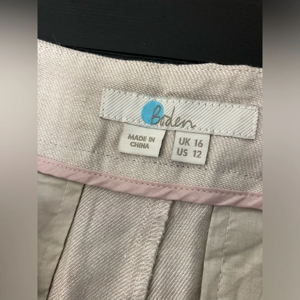 Boden Taupe Linen-Blend Trousers with Pale Pink Trim